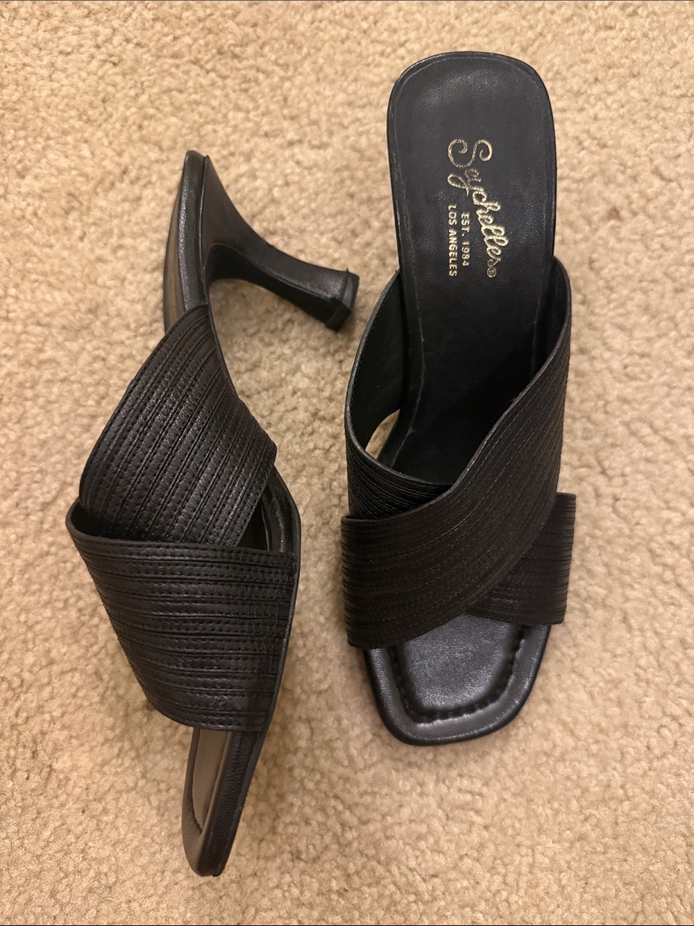Seychelles Black Crisscross Strap Mule Heels